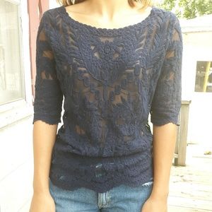 Sheer navy blue 3/4 sleeve top with crochet detail